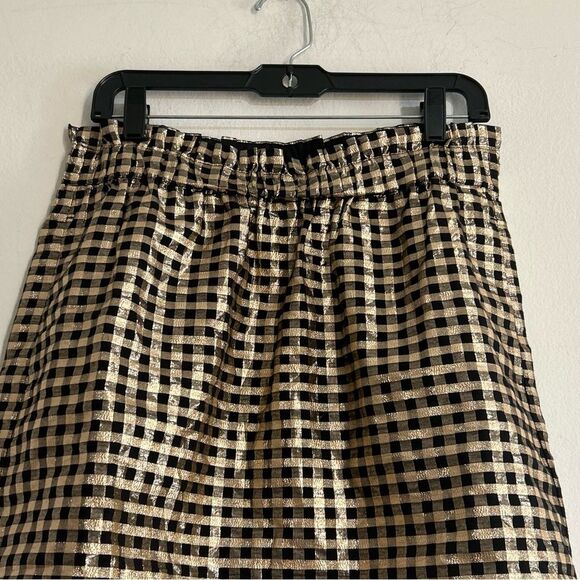 J. Crew Factory Metallic Gingham Pull-on Mini Skirt Black Gold Lurex Size Medium - Picture 3 of 8